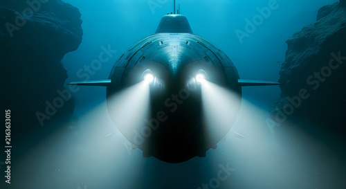 Head view of military submarine approaching through dark deep sea canyon.