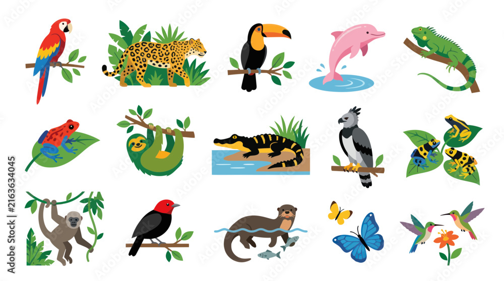Naklejka premium Flat Vector Illustration Set of Tropical Rainforest Animals. Diverse Wildlife Collection for Nature Education