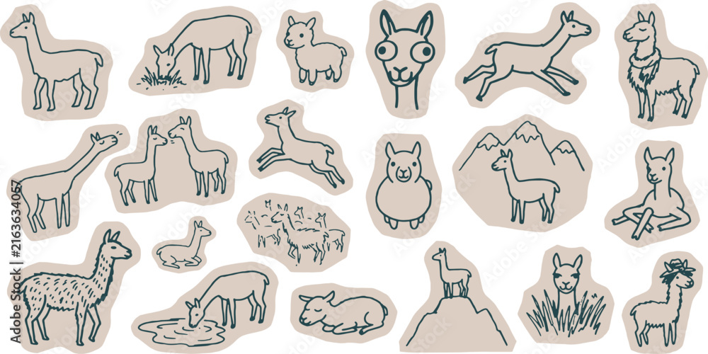 Naklejka premium Collection of hand-drawn llama illustrations in various poses and activities, showcasing their playful and gentle nature.