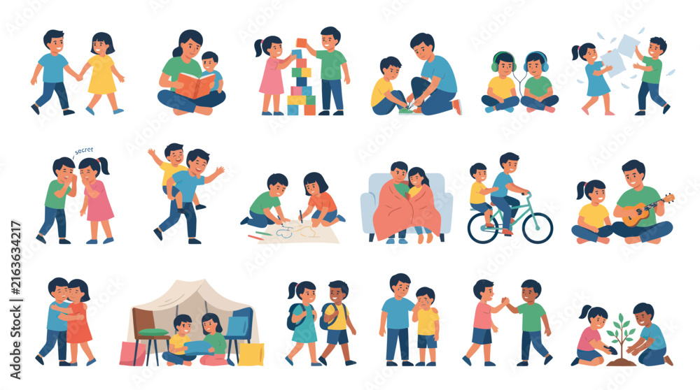 Fototapeta premium Diverse Kids Enjoying Various Activities Together Flat Illustration