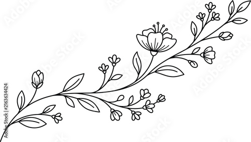 Elegant hand drawn floral branch illustration with delicate flowers and leaves in a minimalist line art style
