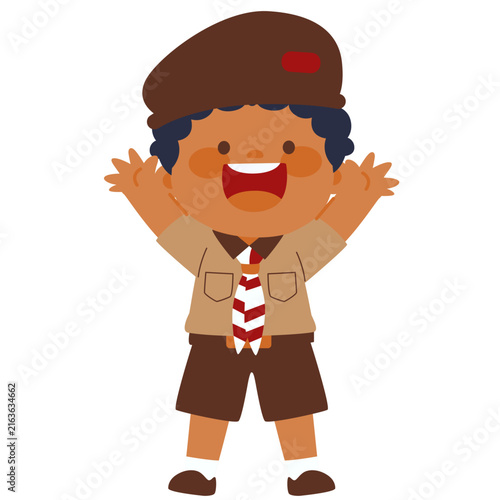 Foto Surprised elementary scout student raising both hands with an expressive openmouthed reaction