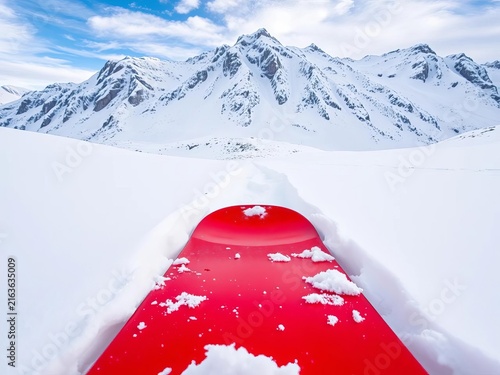 Snowy mountain landscape with red snowboard lying in fresh powder, mountain scenery, red snowboard