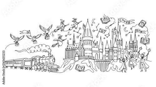 Bild auf Leinwand Magical Castle Train Owls Witches Flying Broomsticks Stars Books Isolated