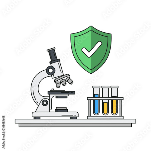 Scientific research verification with microscope test tubes with symbolizing quality assurance scientific validation depicts flat illustration combining microscope