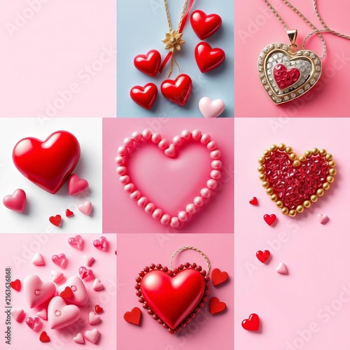A collage of different heart-themed items like candy, jewelry, and decorations, candy, decoration