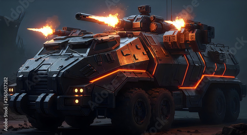 Heavy armored military vehicle firing turret weapons in dark wasteland environment.