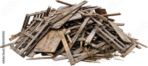 A large chaotic pile of broken wooden planks old weathered pallets damaged debris construction waste discarded lumber pieces and splintered boards scattered together on the ground