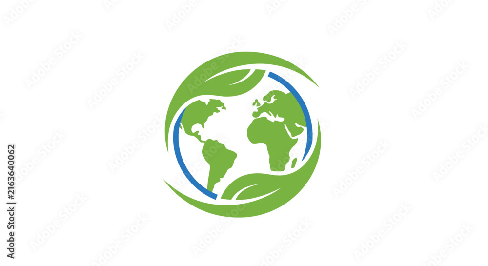Fototapeta premium A green globe icon surrounded by organic leaves representing environmental protection
