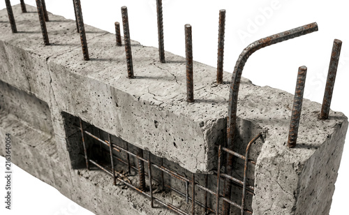 Reinforced concrete block structure with protruding rusty metal rebar rods used for construction work and heavy industrial building foundations with visible aggregate texture