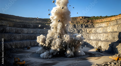 Large explosion in open-pit mine with flying rocks and debris.