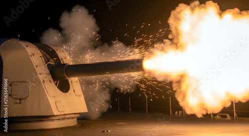 Large naval cannon firing with bright orange fireball and smoke at night on warship deck.