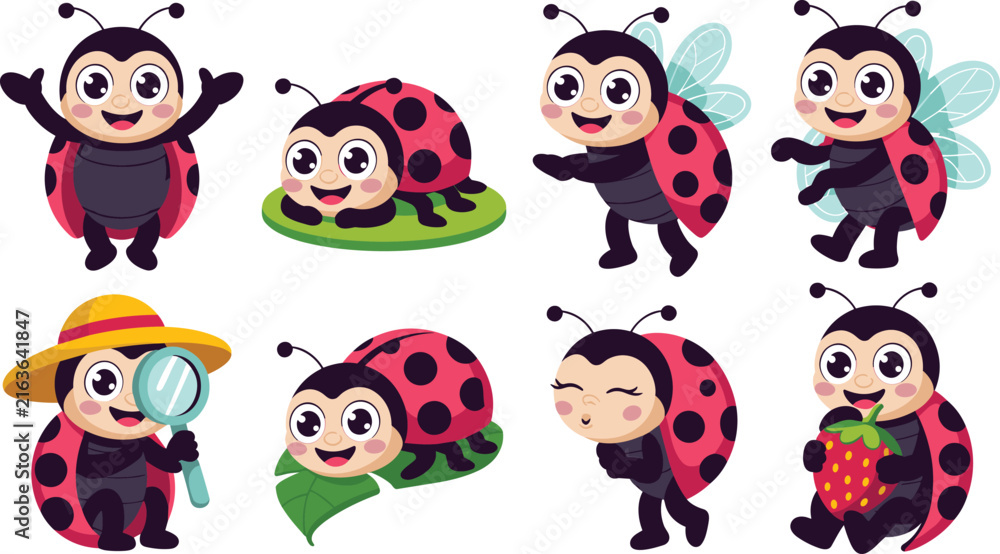 Obraz premium Cute Cartoon Ladybug Mascot Vector Icon Set Featuring Happy Red Beetle Characters Crawling on Leaves, Flying with Wings, Holding Strawberries, and Using Magnifying Glasses for Kids Education