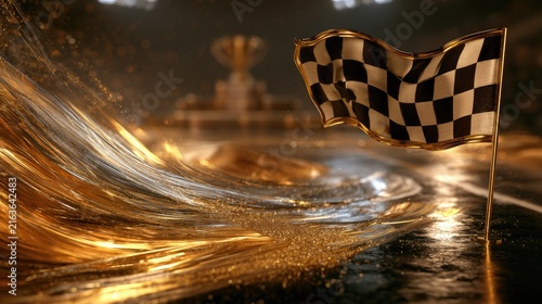 Golden finish line with checkered flag, shimmering track, and trophy