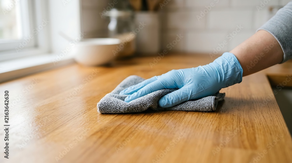 Fototapeta premium Hand wearing blue glove wiping wooden kitchen counter with microfiber cloth