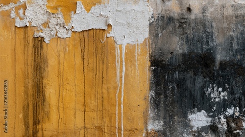 Aged, weathered wall with peeling paint and water stains