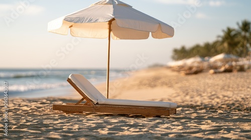 Serene beach scene with empty lounge chair under a white umbrella