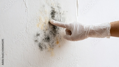 Gloved finger points to black and yellow mold growth on a textured white wall