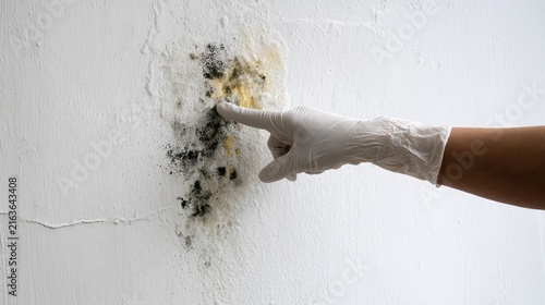 Gloved hand points to dark, fuzzy mold growth on a damp, textured wall