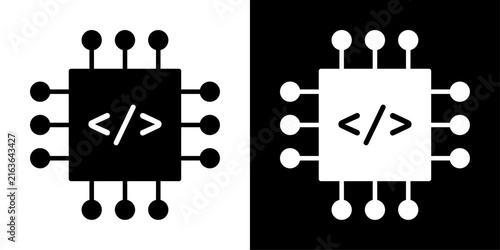 Obraz na plátne Code chip icon with circuit pins and code symbol, for software development, prog