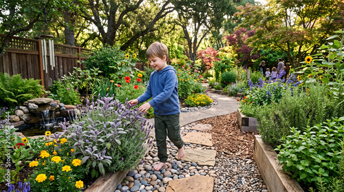 Curious child exploring colorful plants in sensory garden