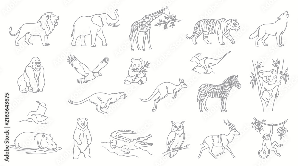 Naklejka premium Wildlife Animals Black and White Line Art Icon Set - Nature and Zoo Outline Illustrations Collection