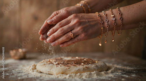 Hands sprinkling spices onto dough for baking in a rustic kitchen setting