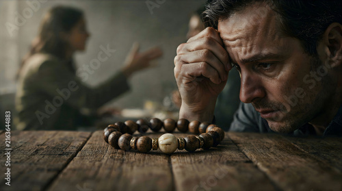 Contemplating stress and spiritual guidance: A man meditating with prayer beads while facing life's challenges