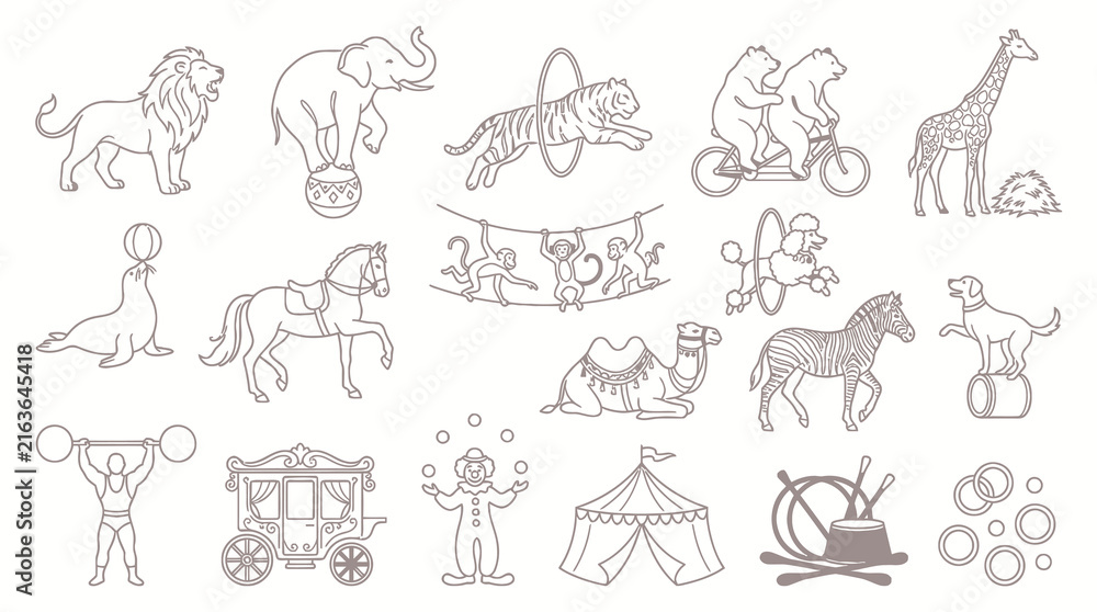 Naklejka premium Black and White Line Art Circus Animals and Performers Illustration