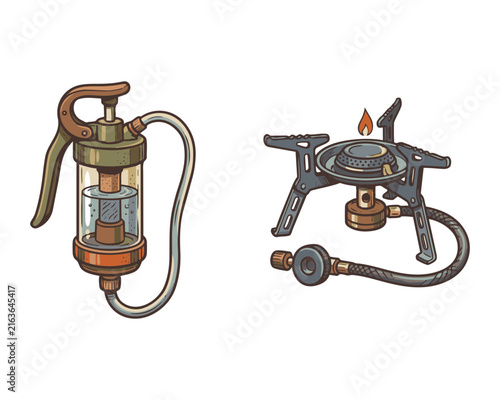 Illustration of a portable liquid fuel camping stove and a fuel pump canister.