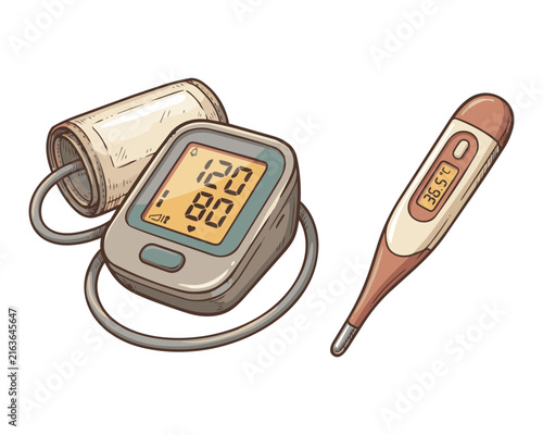 Foto Medical diagnostic equipment featuring digital blood pressure monitor and thermometer