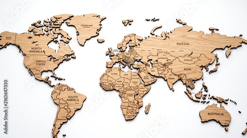 Wooden world map intricately carved on a white background for global travel inspiration