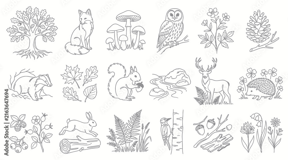 Obraz premium Forest Wildlife Line Art Collection: Black White Nature Illustrations of Animals, Plants, and Trees