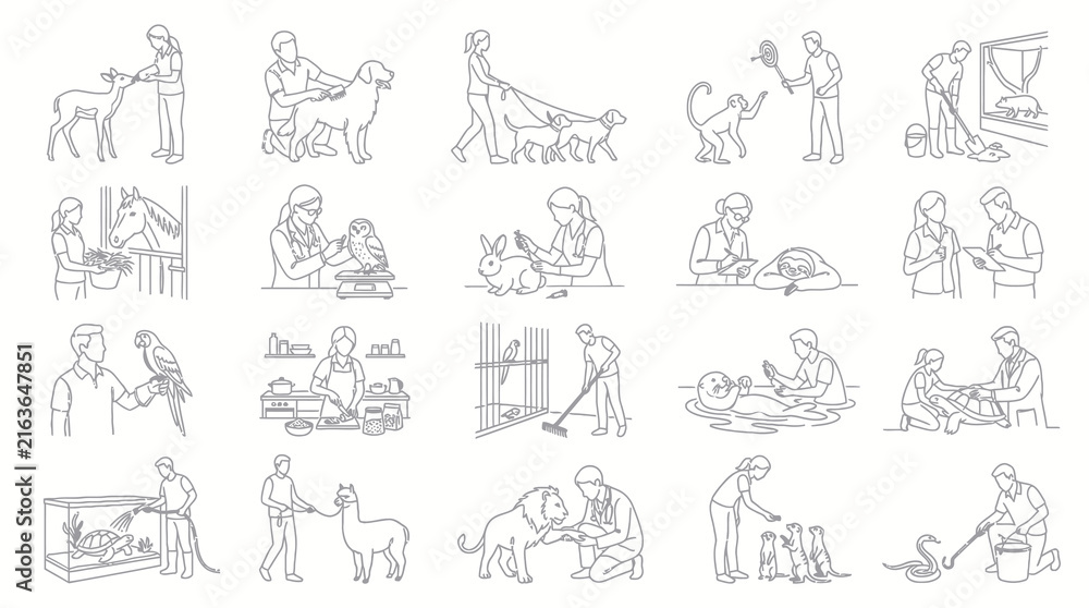 Naklejka premium Black and White Line Art Collection of Animal Care and Veterinary Scenes