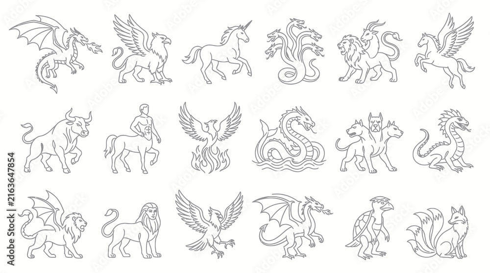 Obraz premium Mythical Creatures Line Art Icons Set. Legendary Animals and Fantasy Beasts Outline Collection.