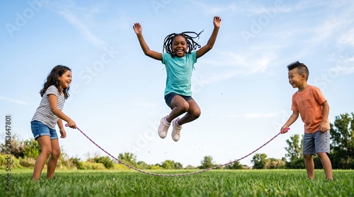 Cheerful diverse kids enjoying jumping rope and outdoor play on the green lawn in a summer park. Happy multiracial friends skipping together under a sunny blue sky.