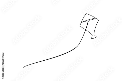 Kite continuous line art featuring a flying kite with a trailing line drawn in black vector with editable stroke.