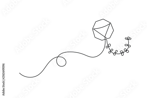 Kite continuous one line art depicting a flying kite with a long tail and an editable stroke design.