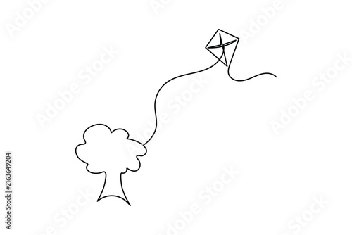 Kite tree continuous line art depicting a flying kite caught near a tree in one line drawing style with editable stroke.