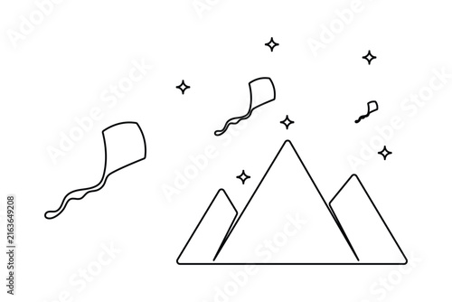 Kites continuous one line art flying over mountain peaks and sparkling stars. Minimalist line drawing vector with editable stroke.