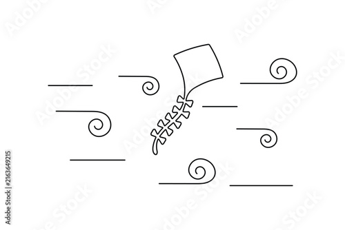 Kite continuous one line art flying amid wind swirls in sky. Minimalist outline illustration with editable stroke.