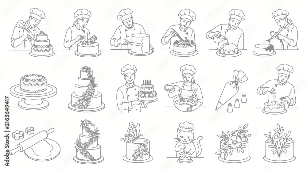 Obraz premium Baking and Cake Decorating Line Art: Chefs, Pastry and Dessert Preparation Outline Vector Collection
