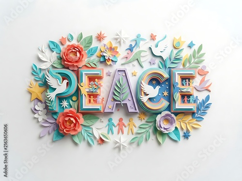 Paper craft art with the word peace surrounded by doves, flowers, and human figures isolated on white background