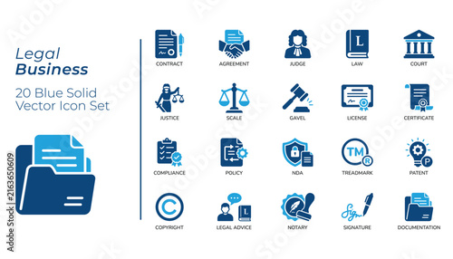 Legal Business Icon Set, Contract, Judge, Justice, Gavel, License, Compliance, Patent, Notary, Documentation, Solid Vector Icons for Web and App