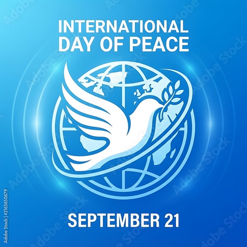 International day of peace poster design with a white dove holding an olive branch in front of a stylized globe on a blue background