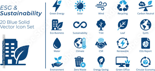 ESG and Sustainability Icon Set, Green Energy, Recycling, Carbon Neutral, Climate, CSR, Renewable, Circular Economy, Modern Flat Vector Icon Bundle