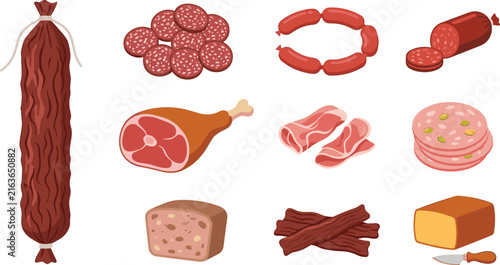 Foto Deli meats and charcuterie vector illustration set featuring salami stick pepper