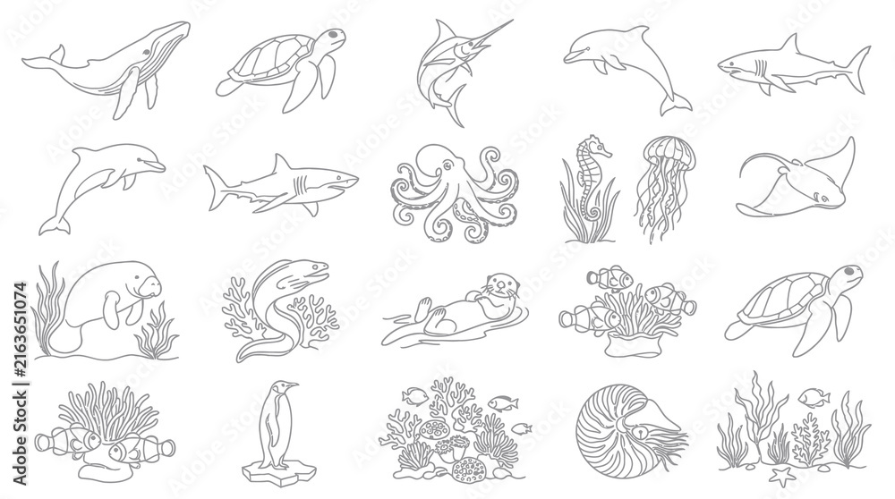 Fototapeta premium Black and White Line Art Collection of Various Marine Animals and Underwater Scenes