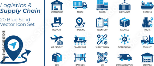 Logistics and Supply Chain Icon Set, Warehouse, Container, Air Freight, Sea Freight, Route, Distribution, QR Code, Storage, Vector Icon Bundle