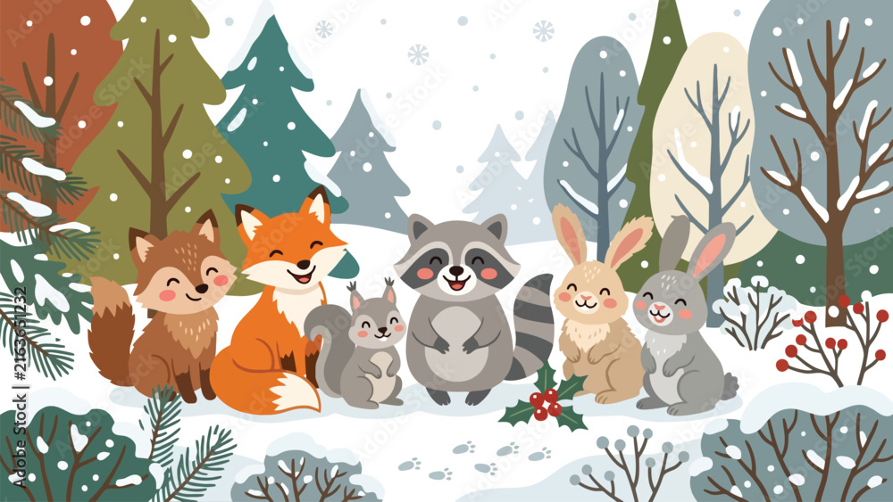 Naklejka premium Cute woodland animals gathered together in a snowy winter forest scene.